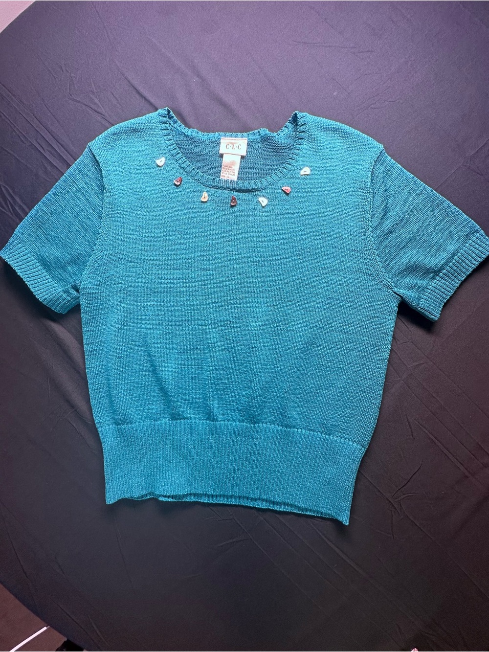 C.C Teal Knit Short Sleeve Top with Embellished Neck